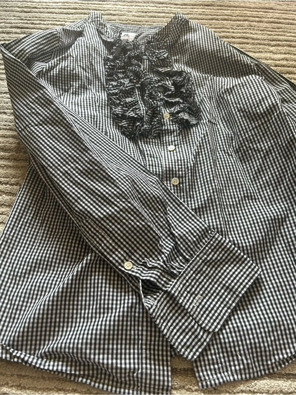 J. Crew Thomas Mason Black and White Gingham Ruffle-Front Blouse